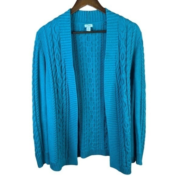 L.L. Bean Ladies Cable Knit Cardigan Long Sleeve Open Front Teal Sweater Medium - Picture 1 of 7